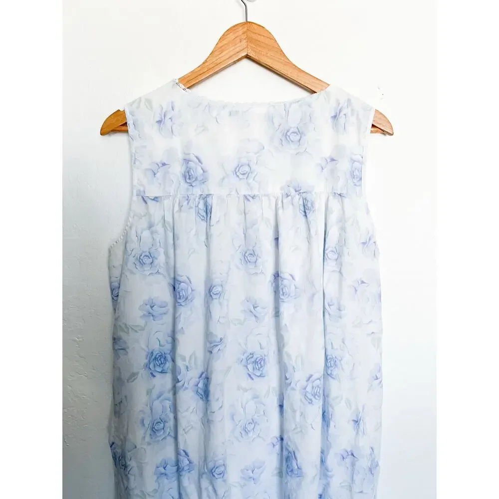 Eileen West Long Nightgown XL White Blue Floral Sleeveless Lace Cottage - Picture 7 of 7